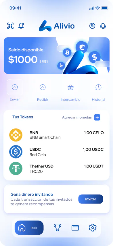 Pantalla de inicio de la app de Alivio