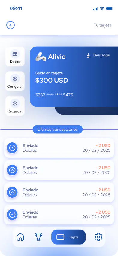 Pantalla de la Tarjeta Global en la app de Alivio