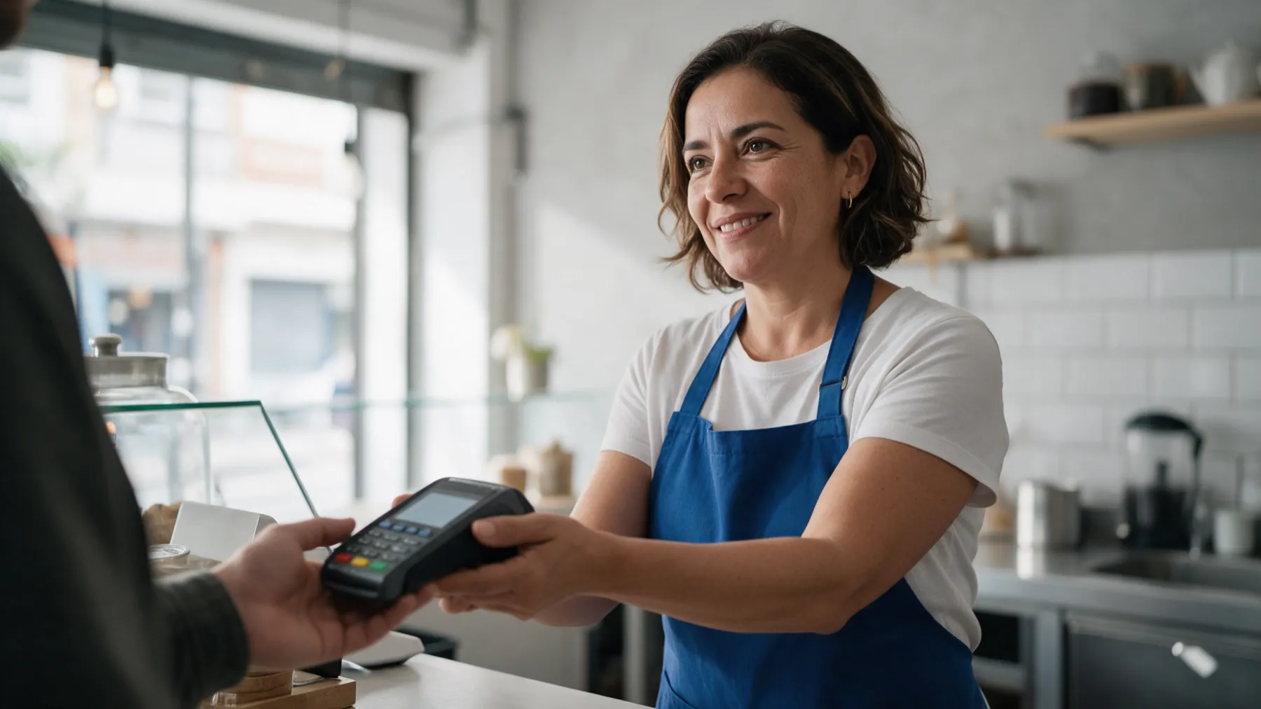 Comerciante cobrando con datáfono en su negocio