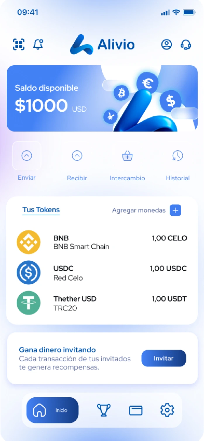 Pantalla de inicio de la app de Alivio