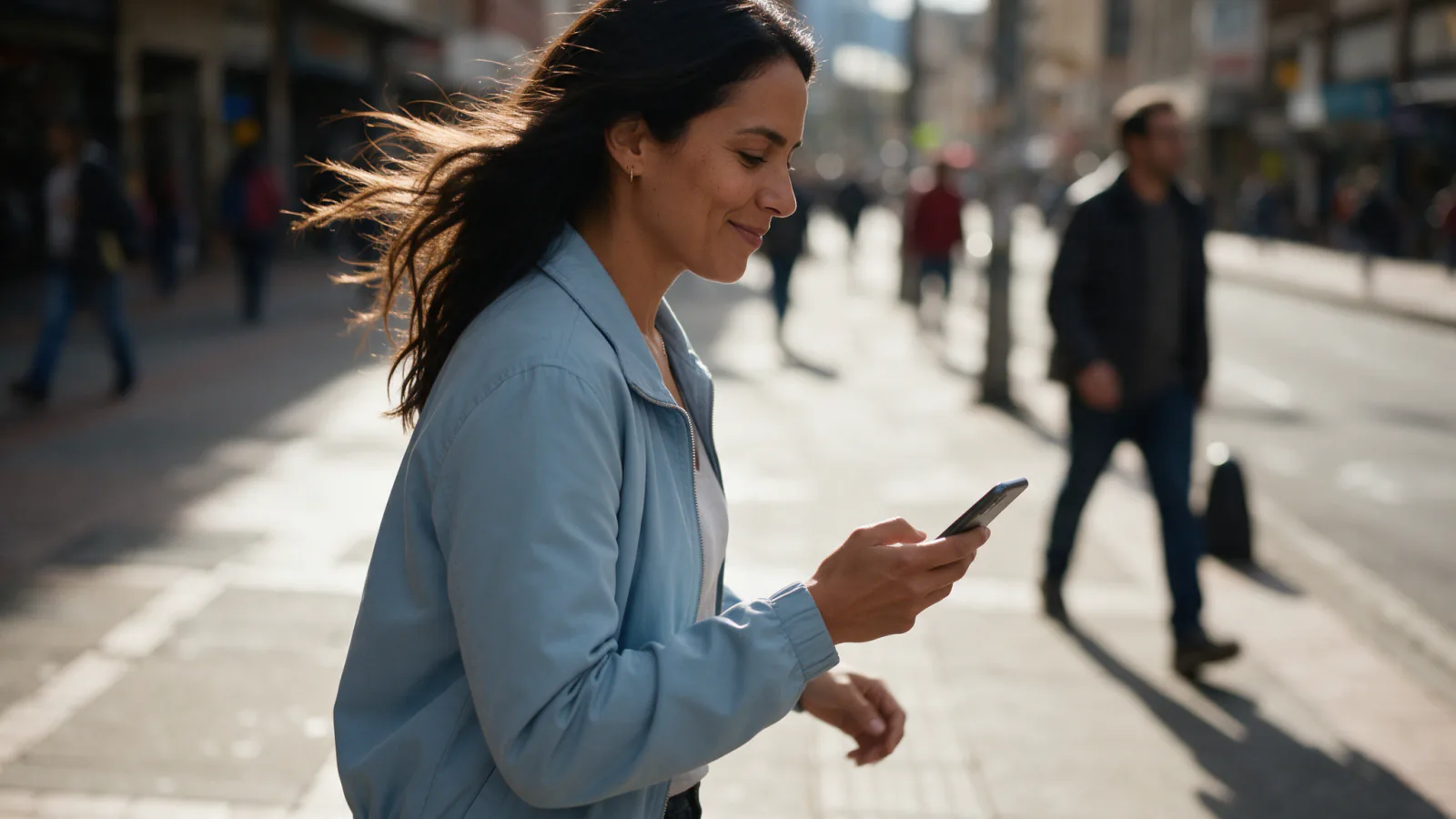 Mujer enviando dinero desde su celular mientras camina por la calle