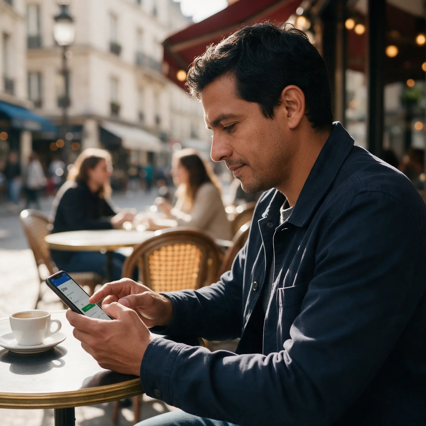 Hombre enviando dinero desde un café en Europa