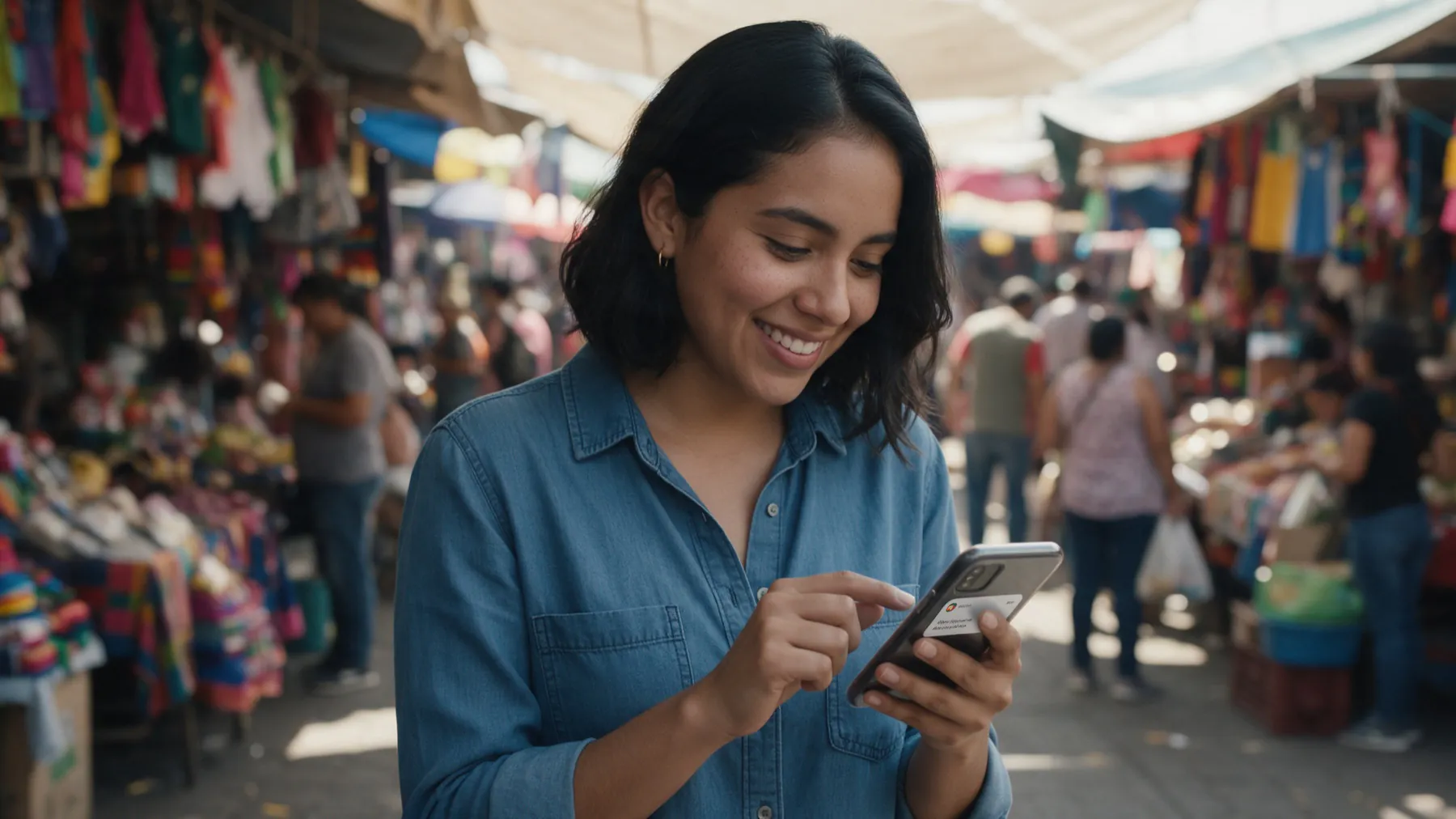 Mujer recibiendo una transferencia en su celular